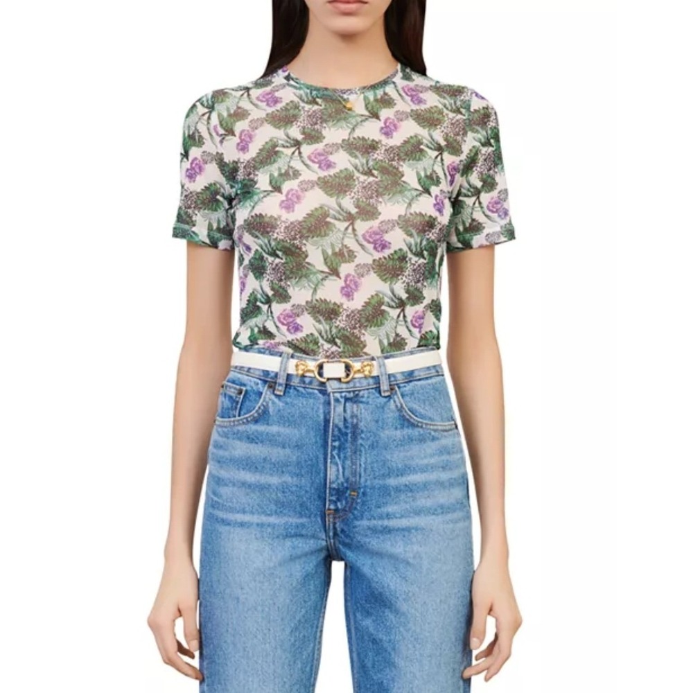 Maje Women 2 Mesh Thomasi Short Sleeve Top Floral Shirt Crewneck AOP Sheer